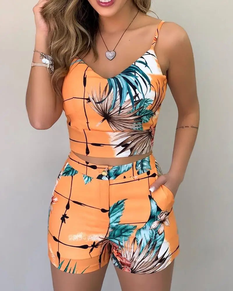 Print Spaghetti Strap Crop Top & Short Sets Casual Summer 2 Piece Outfits for Women