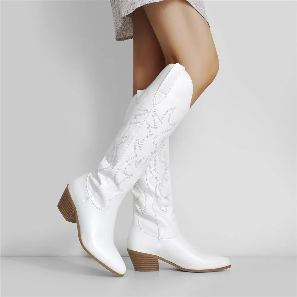 Onlymaker White Knee High Cowboy Boots: Wide Calf, Embroidered - Arkansas Outdoors Shop