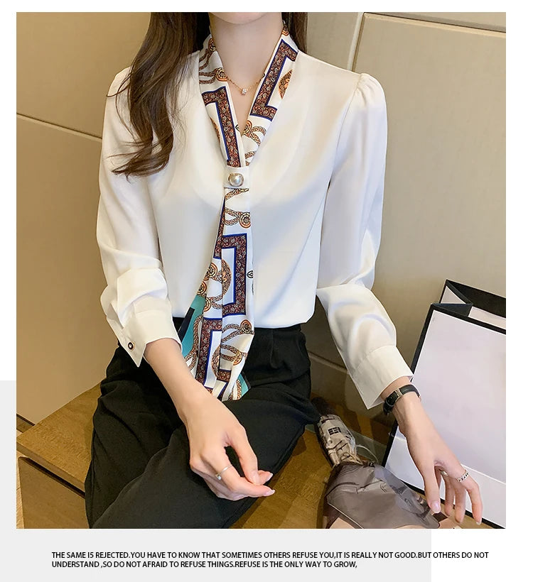 Elegant Fashion Office Lady Bow Solid Chiffon Shirts Women Clothing Spring Autumn Long Sleeve V-Neck Pullover Top Blouses Female