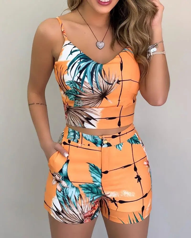 Print Spaghetti Strap Crop Top & Short Sets Casual Summer 2 Piece Outfits for Women