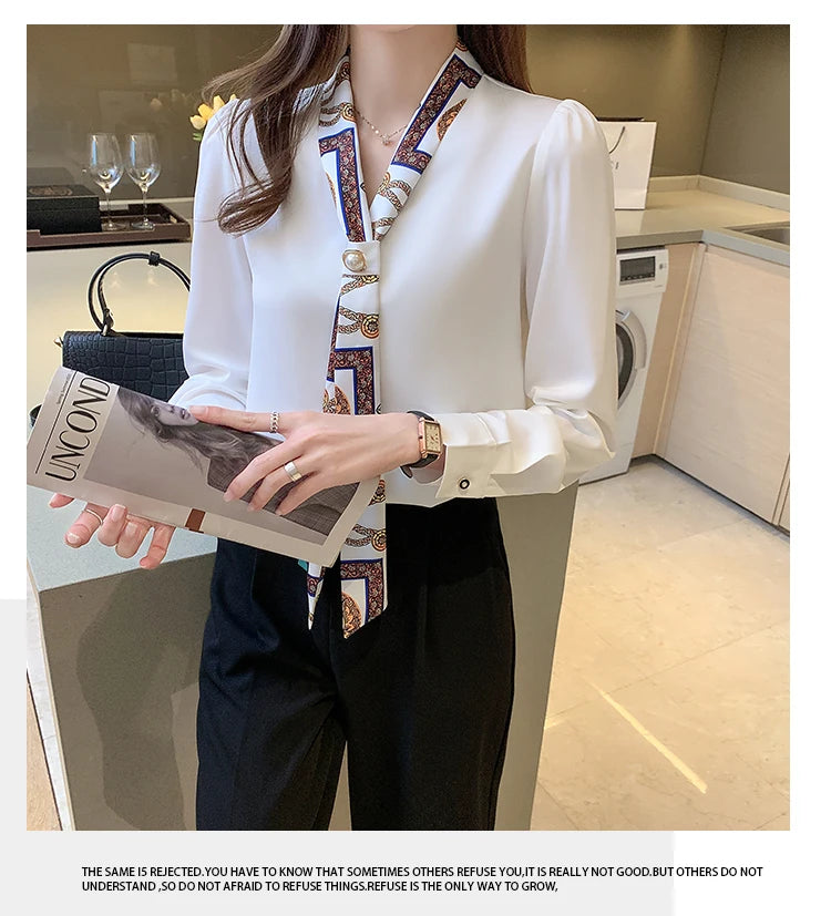 Elegant Fashion Office Lady Bow Solid Chiffon Shirts Women Clothing Spring Autumn Long Sleeve V-Neck Pullover Top Blouses Female