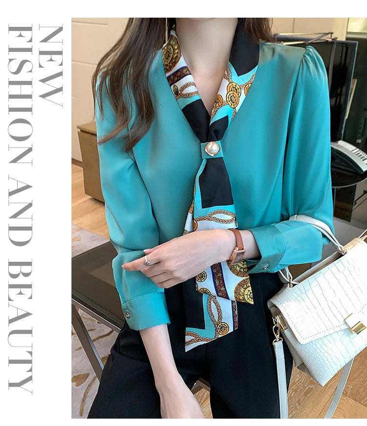 Elegant Fashion Office Lady Bow Solid Chiffon Shirts Women Clothing Spring Autumn Long Sleeve V-Neck Pullover Top Blouses Female