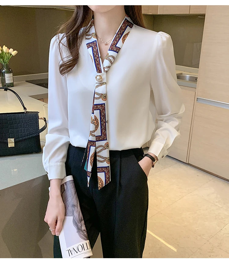 Elegant Fashion Office Lady Bow Solid Chiffon Shirts Women Clothing Spring Autumn Long Sleeve V-Neck Pullover Top Blouses Female