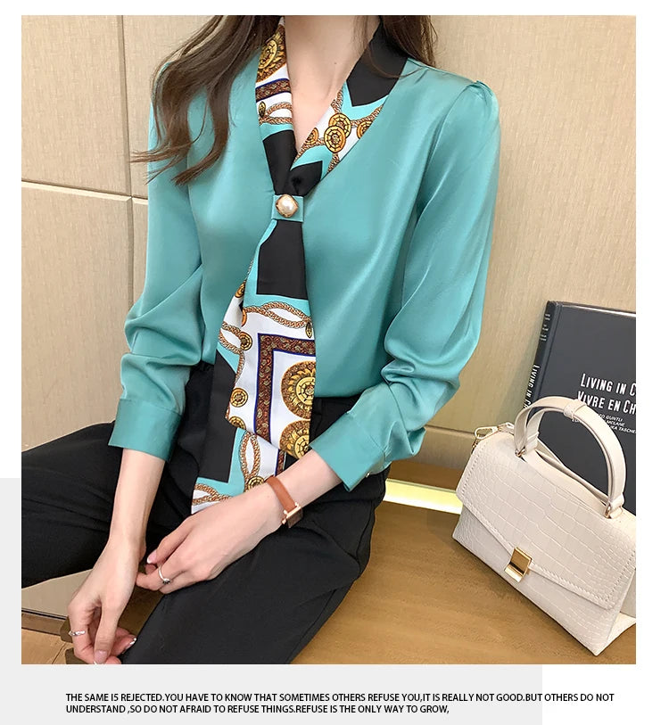 Elegant Fashion Office Lady Bow Solid Chiffon Shirts Women Clothing Spring Autumn Long Sleeve V-Neck Pullover Top Blouses Female