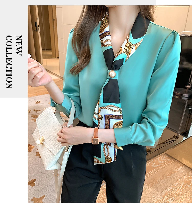 Elegant Fashion Office Lady Bow Solid Chiffon Shirts Women Clothing Spring Autumn Long Sleeve V-Neck Pullover Top Blouses Female