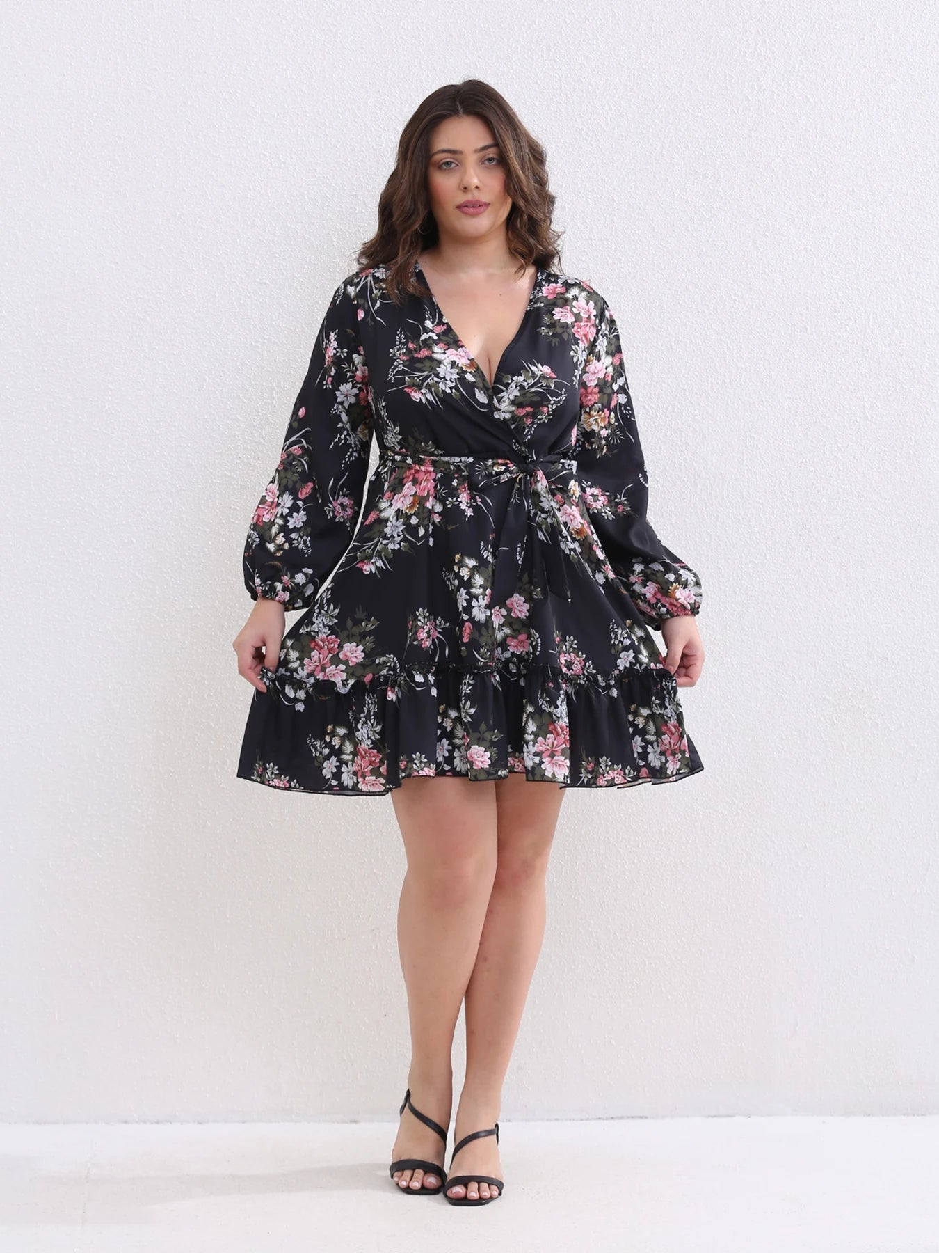 Plus Size Women Flower Print Chiffon Sexy V Neck  Out Long Sleeve Dress Female Elegant  Party Dresses Wholesale DropShipping