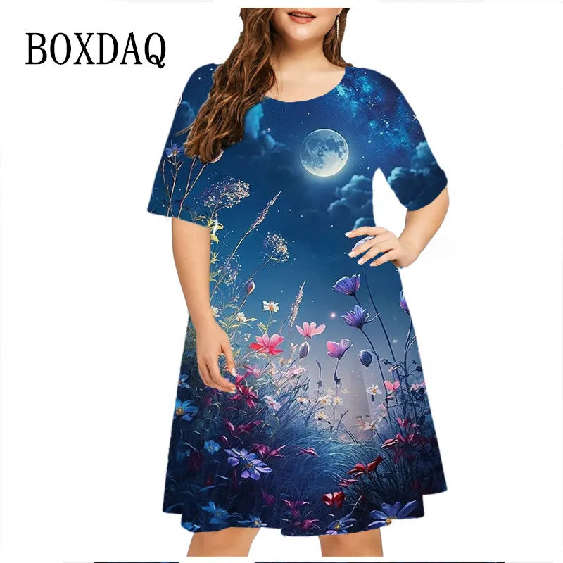 6XL Plus Size Summer Dresses For Women Clothes Plant Flower Print Short Sleeve Loose Dress Casual Retro O-Neck Sundress Vestidos