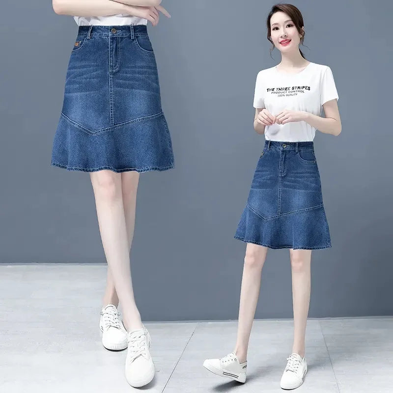 Denim Skirt For Women Spring Summer High-waisted Ruffle A-line Jeans Skirt Ladies Package Hips Fishtail Mini Denim Skirts