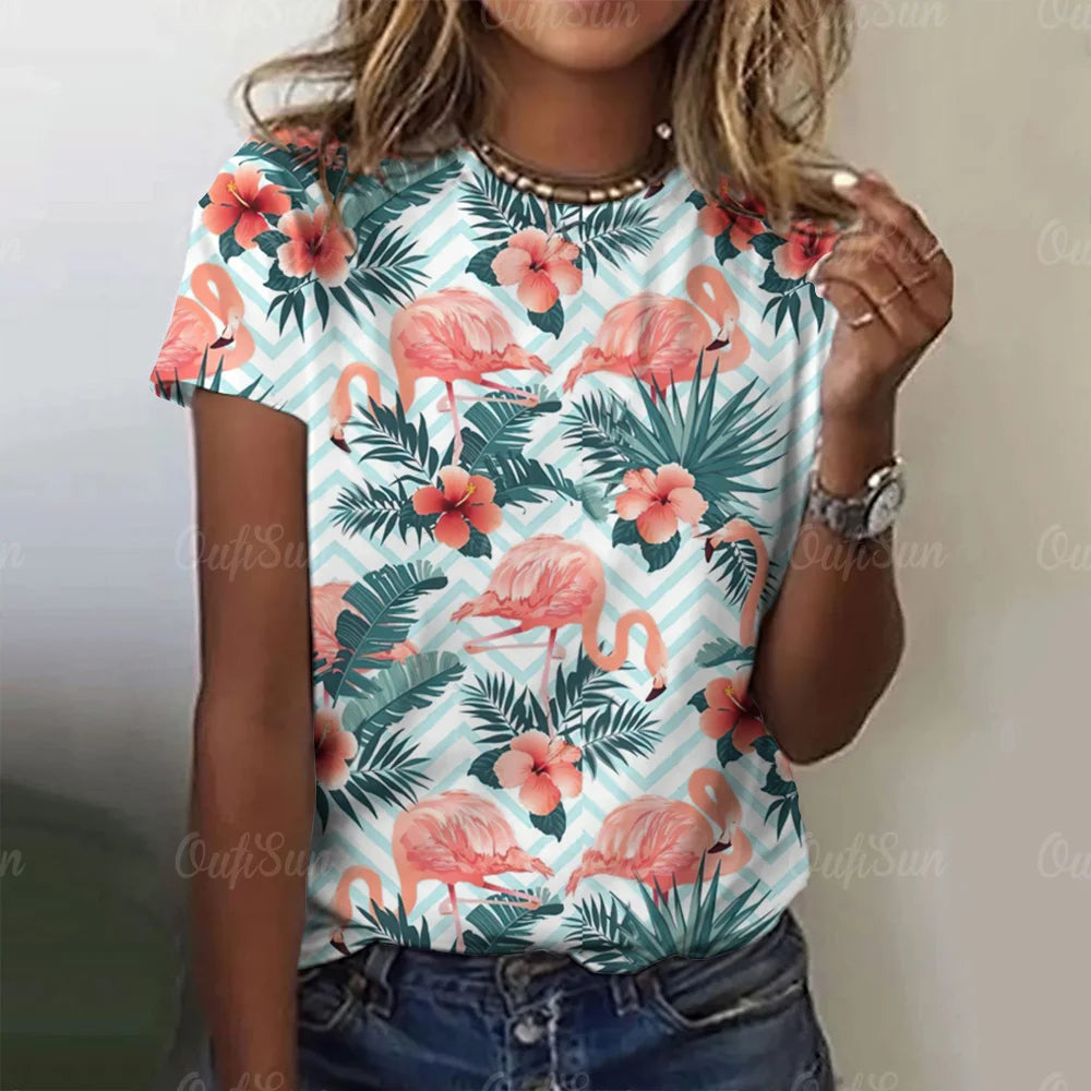 Women T-Shirts 3d Flamingo Print Fashion O-Neck Casual Ladies Casual Female Top Harajuku Girls Short Sleeve Loose Woman Clothing