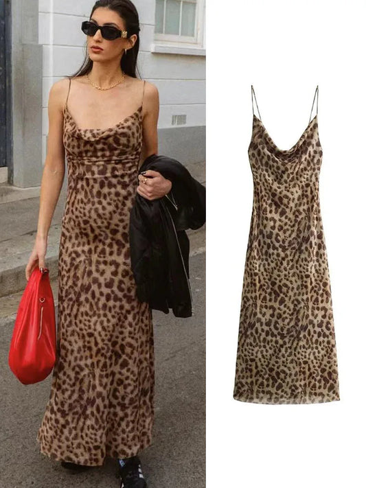 TFMLN 2024 Women's Spaghetti Strap Dresses Chic Swing Collar Backless Party Club Suspender Long Dresses Vintage Leopard Print