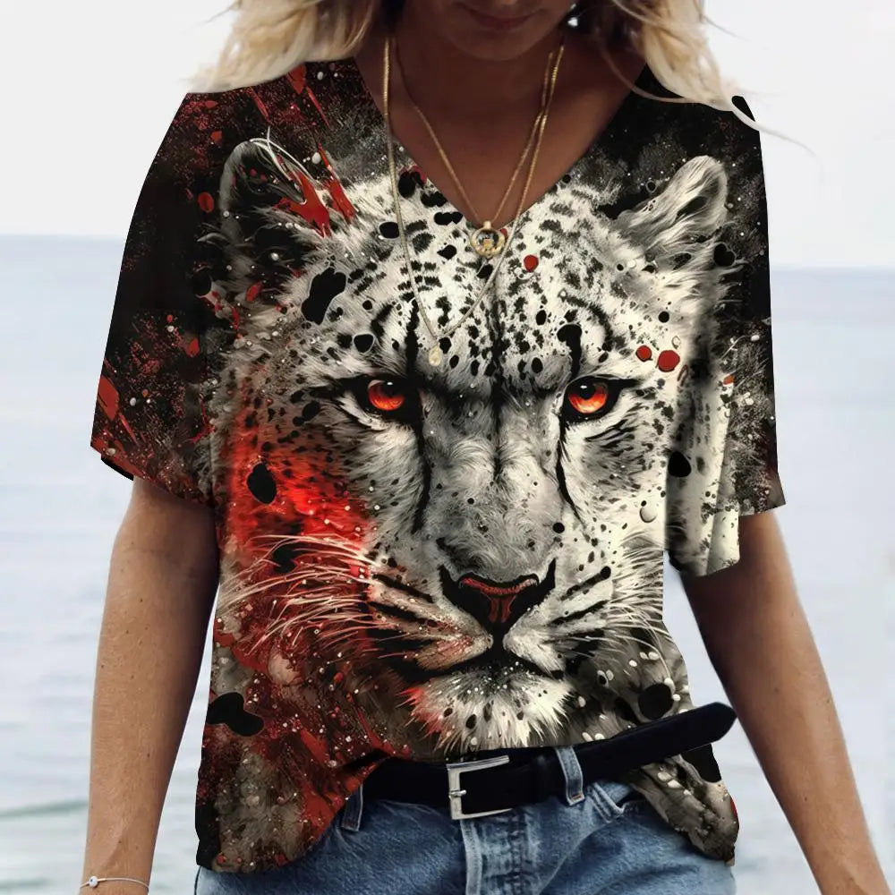 New Women'S T Shirt 3d Animal Print V-Neck Short Sleeve Tops Tees Streetwear Female Oversized Tshirt Fashion Woman Clothing 2023