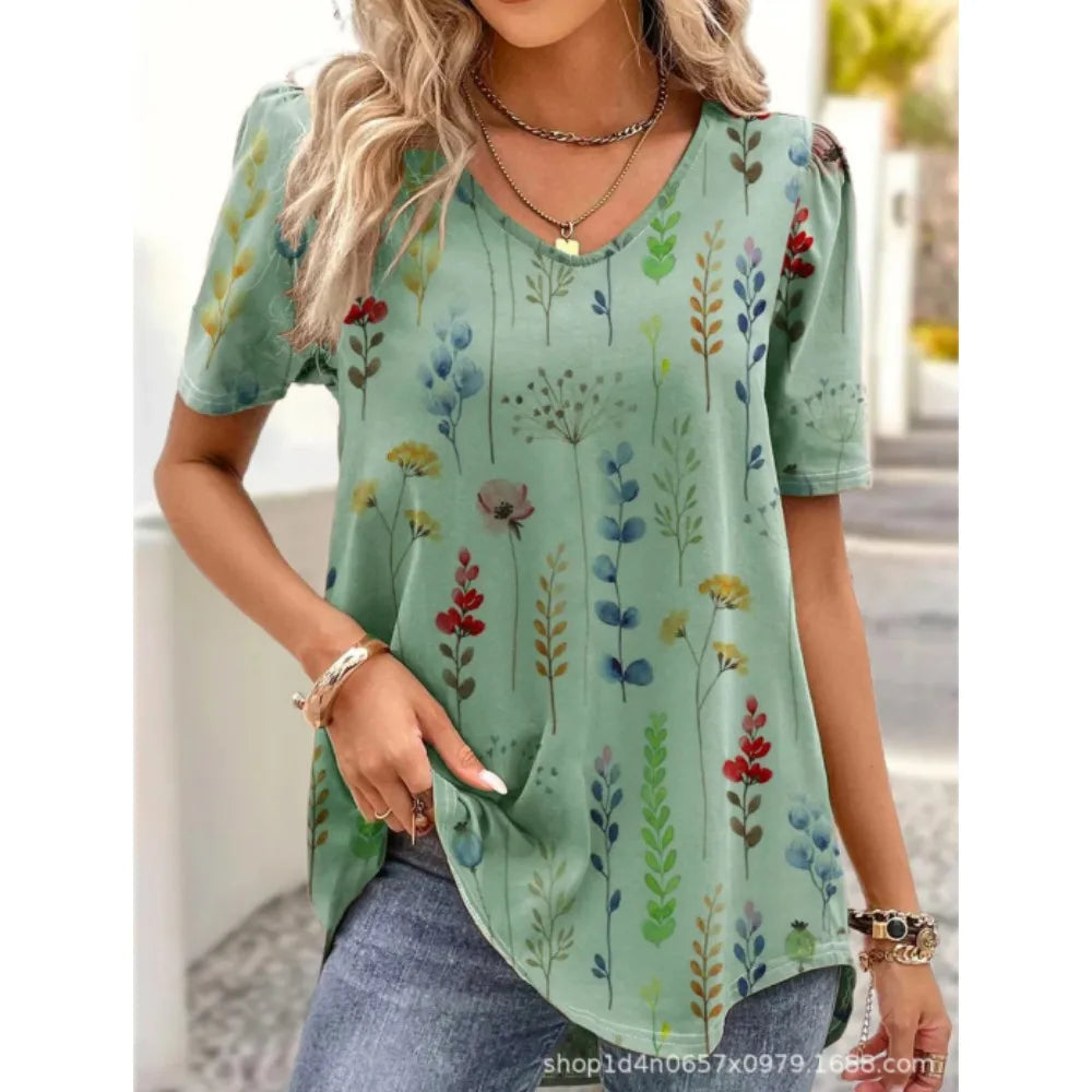 Fashion Women's V-neck T-shirt Harajuku Print Summer 3D T-shirt Floral Graphic Tee Loose Pullover Female Casual Top 5xl Clothing