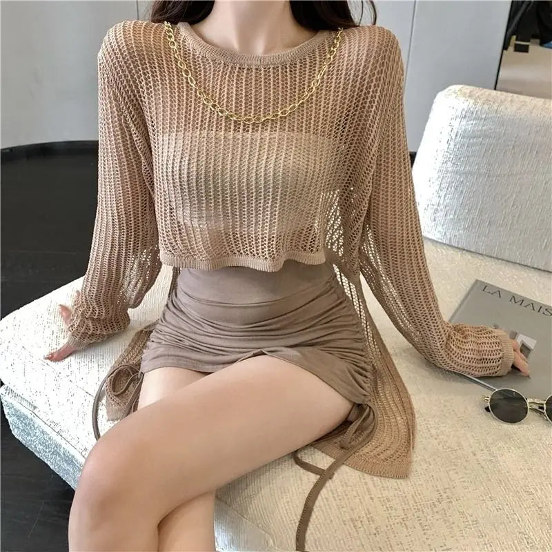 Woherb Lazy Style Full Sleeves Thin Crochet Tops Hollow Out Sexy Women Fashion Casual Streetwear Chic Femme Sunproof Tshirts