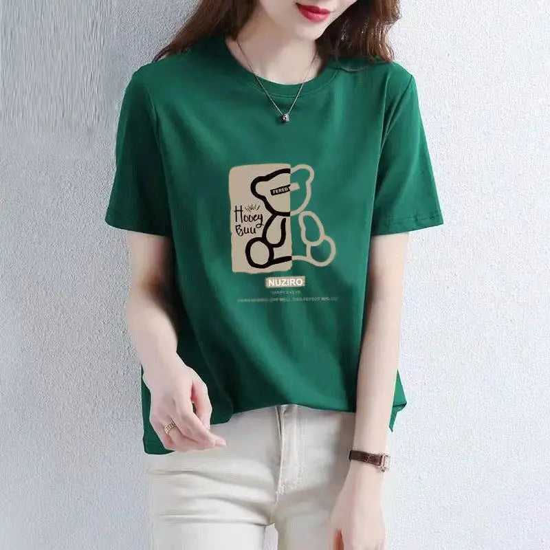 Summer Cotton Painting Bears T-shirt Women New O-collar Short Sleeve Loose Casual Letter High Quality Ventilate Lady Top