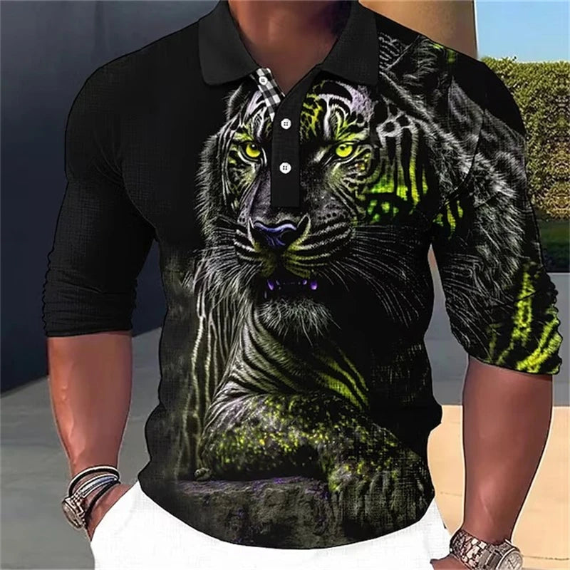 Tiger Eagle 3D Printed Long Sleeve Polo T-shirt For Mens Designer Clothes Lapel Streetwear High Quality Tops Comfortable Polo