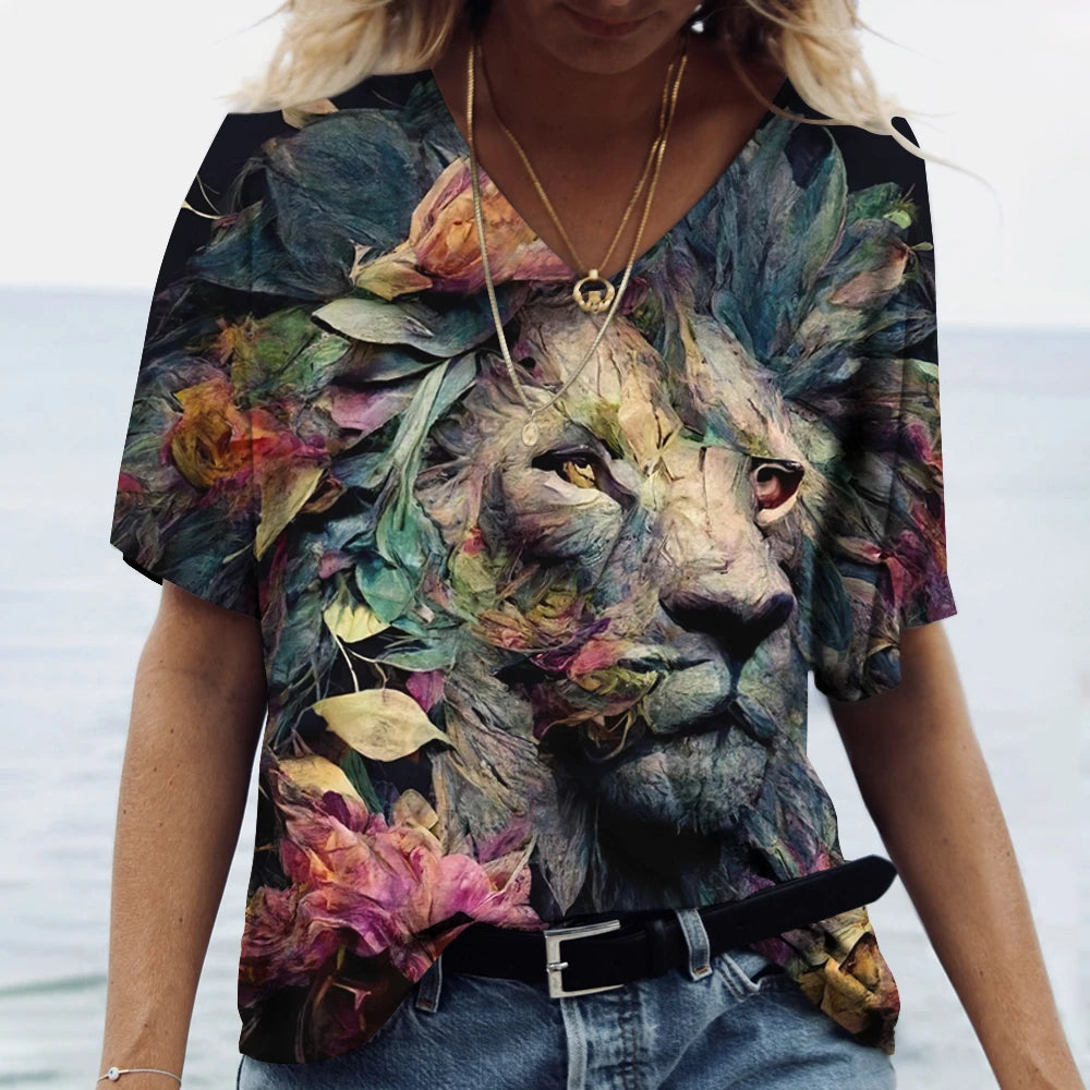 New Women'S T Shirt 3d Animal Print V-Neck Short Sleeve Tops Tees Streetwear Female Oversized Tshirt Fashion Woman Clothing 2023