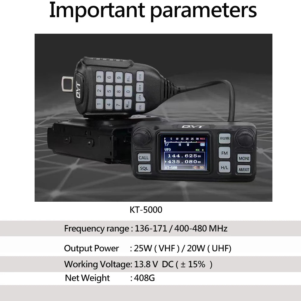 QYT KT-5000 Car Radio Separated Panel 25W 10KM VHF UHF Dual Band VOX Mini Color FM Mobile Walkie Talkie Self Drive Tour