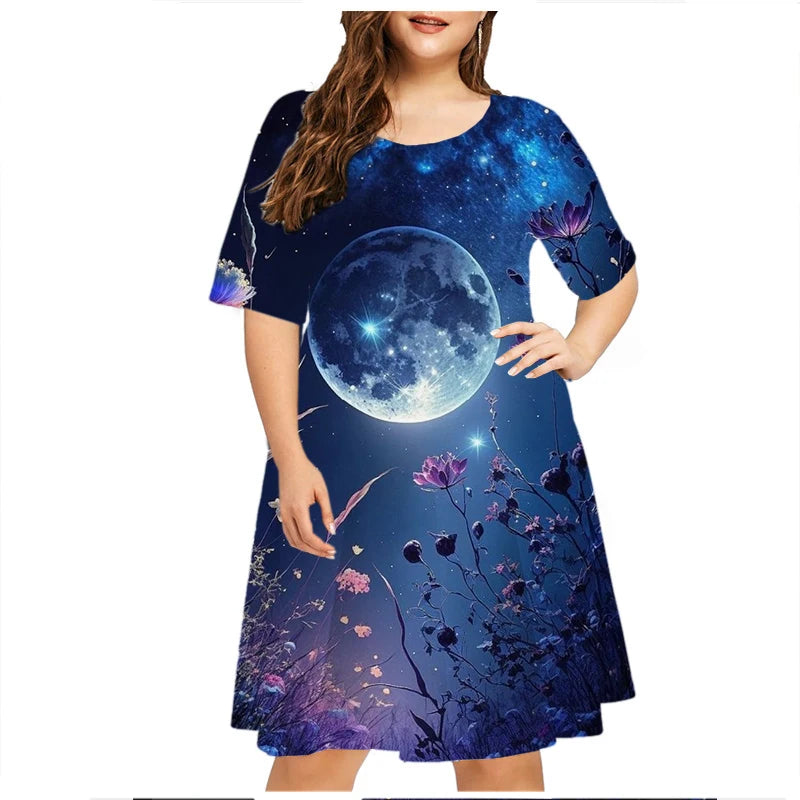 6XL Plus Size Summer Dresses For Women Clothes Plant Flower Print Short Sleeve Loose Dress Casual Retro O-Neck Sundress Vestidos