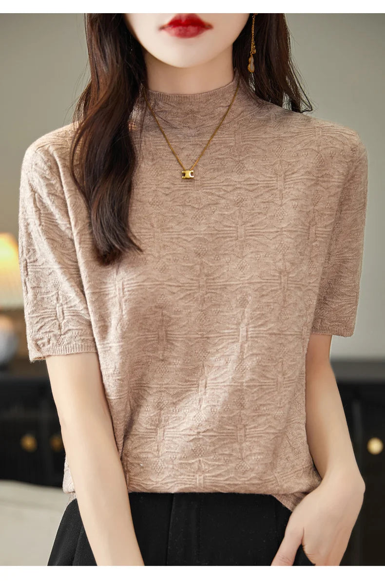 2024 Summer Women's Sweater Short Sleeve Pullover T-shirt Pure Wool Knitwear Half High Neck Loose Versatile Slim Fit Fashion Top