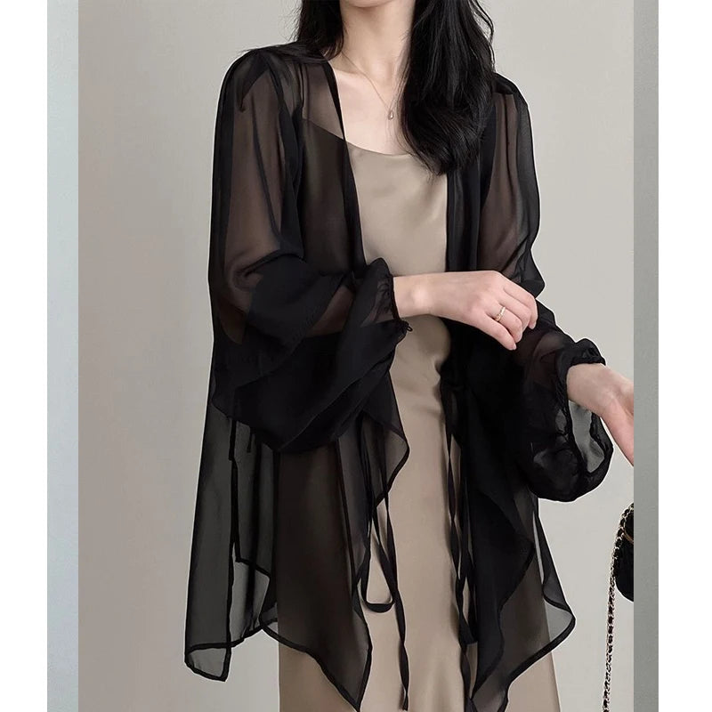 Summer New Solid Color Fashion Long Sleeve Thin Style Coat Women High Street Casual Lacing Button Cardigan Elegant All-match Top