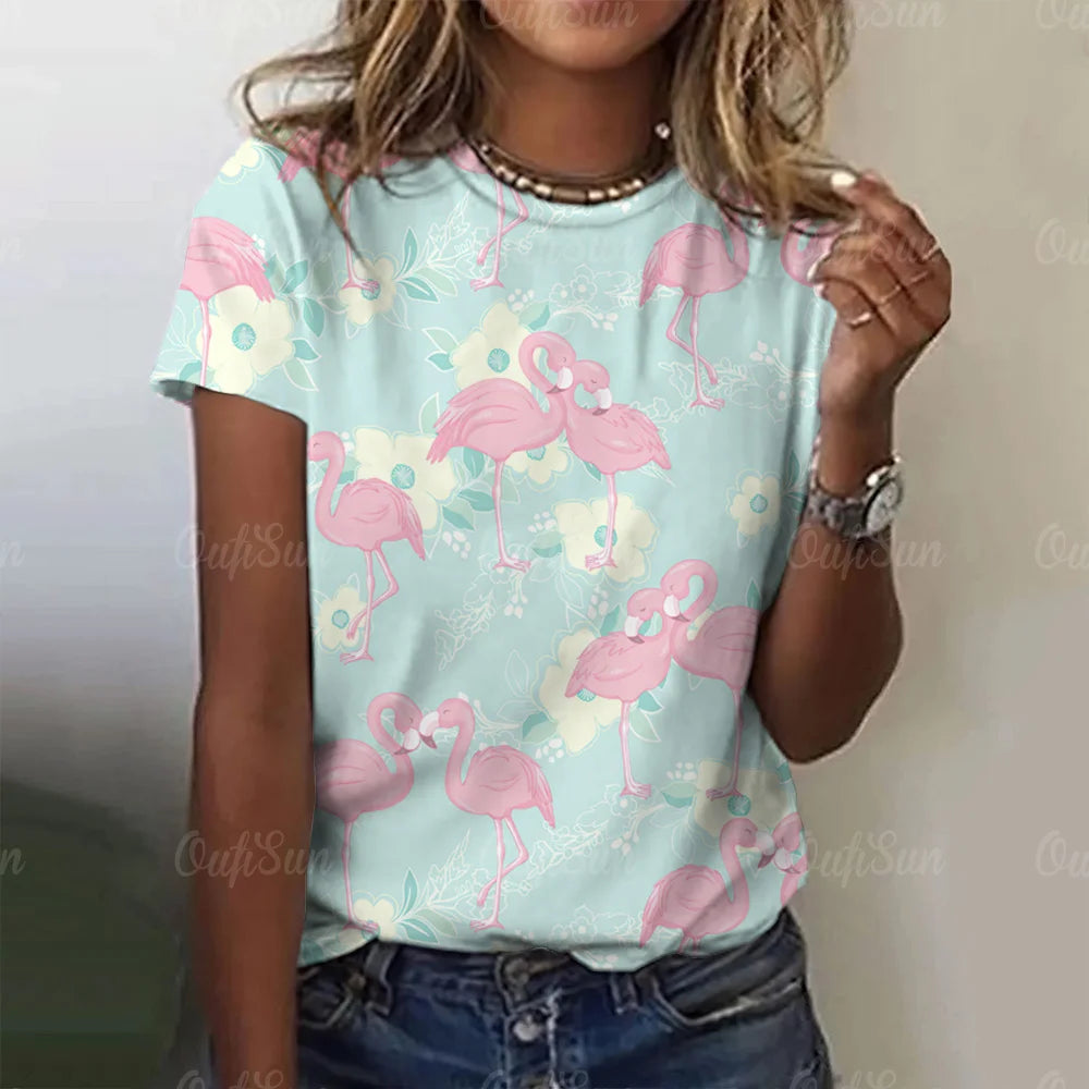 Women T-Shirts 3d Flamingo Print Fashion O-Neck Casual Ladies Casual Female Top Harajuku Girls Short Sleeve Loose Woman Clothing