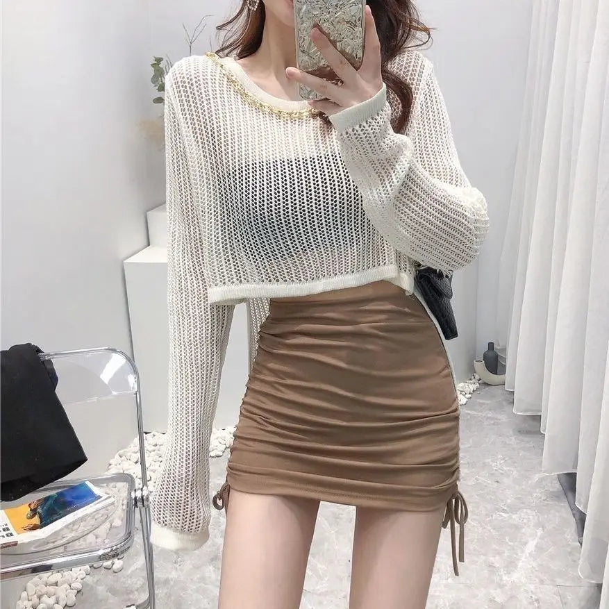 Woherb Lazy Style Full Sleeves Thin Crochet Tops Hollow Out Sexy Women Fashion Casual Streetwear Chic Femme Sunproof Tshirts