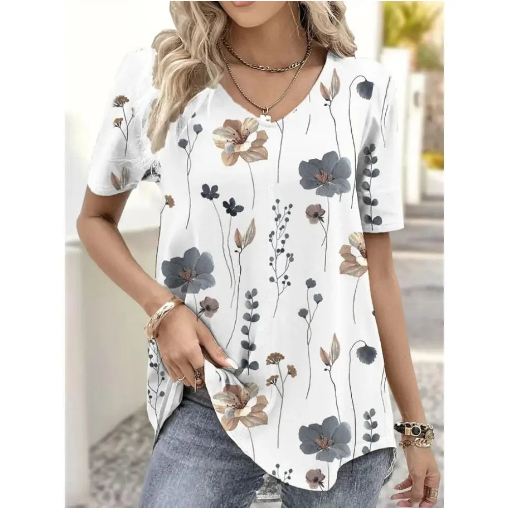 Fashion Women's V-neck T-shirt Harajuku Print Summer 3D T-shirt Floral Graphic Tee Loose Pullover Female Casual Top 5xl Clothing