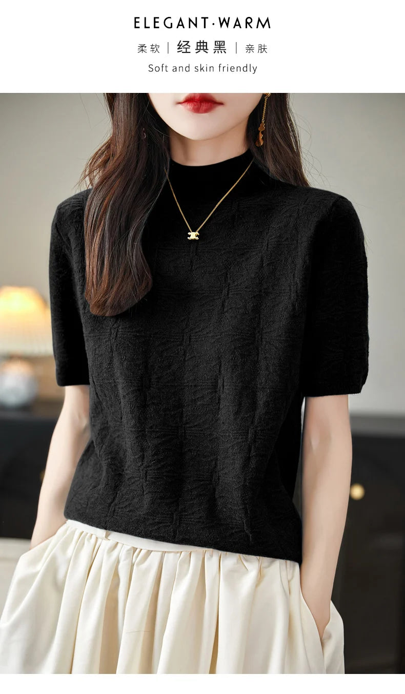 2024 Summer Women's Sweater Short Sleeve Pullover T-shirt Pure Wool Knitwear Half High Neck Loose Versatile Slim Fit Fashion Top