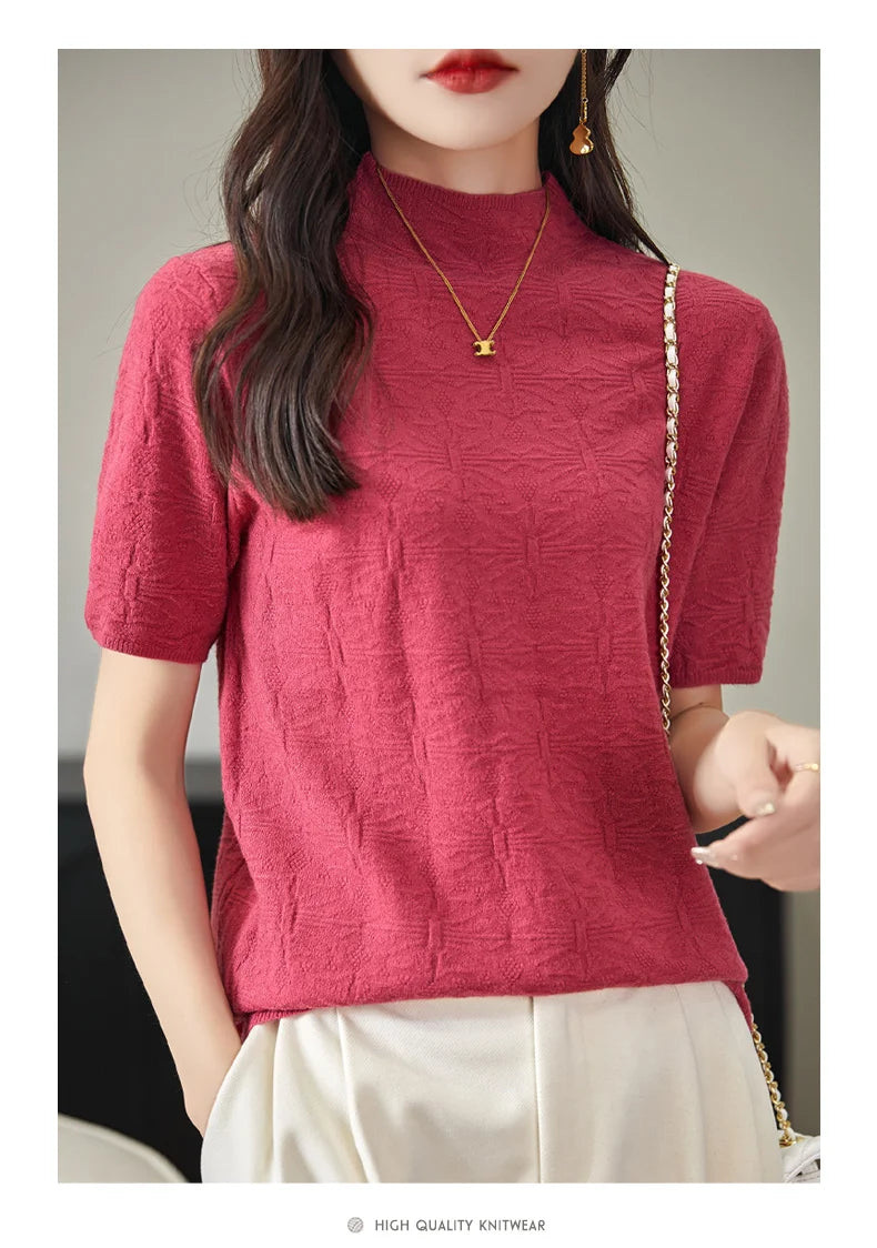 2024 Summer Women's Sweater Short Sleeve Pullover T-shirt Pure Wool Knitwear Half High Neck Loose Versatile Slim Fit Fashion Top