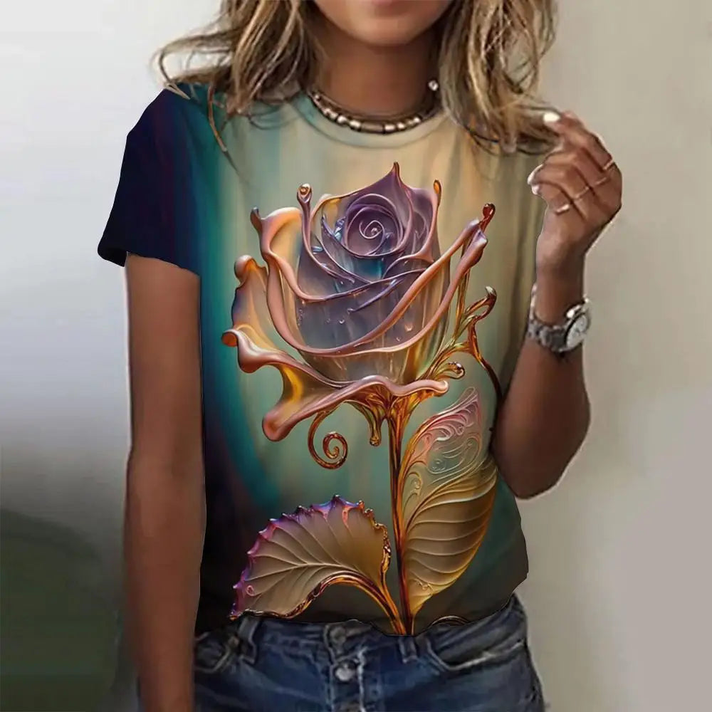 3d Roses Print Women's T Shirts Summer Fashion Short Sleeve Top Oversized Female Clothing Casual Girls Streetwear 2023 New Tees