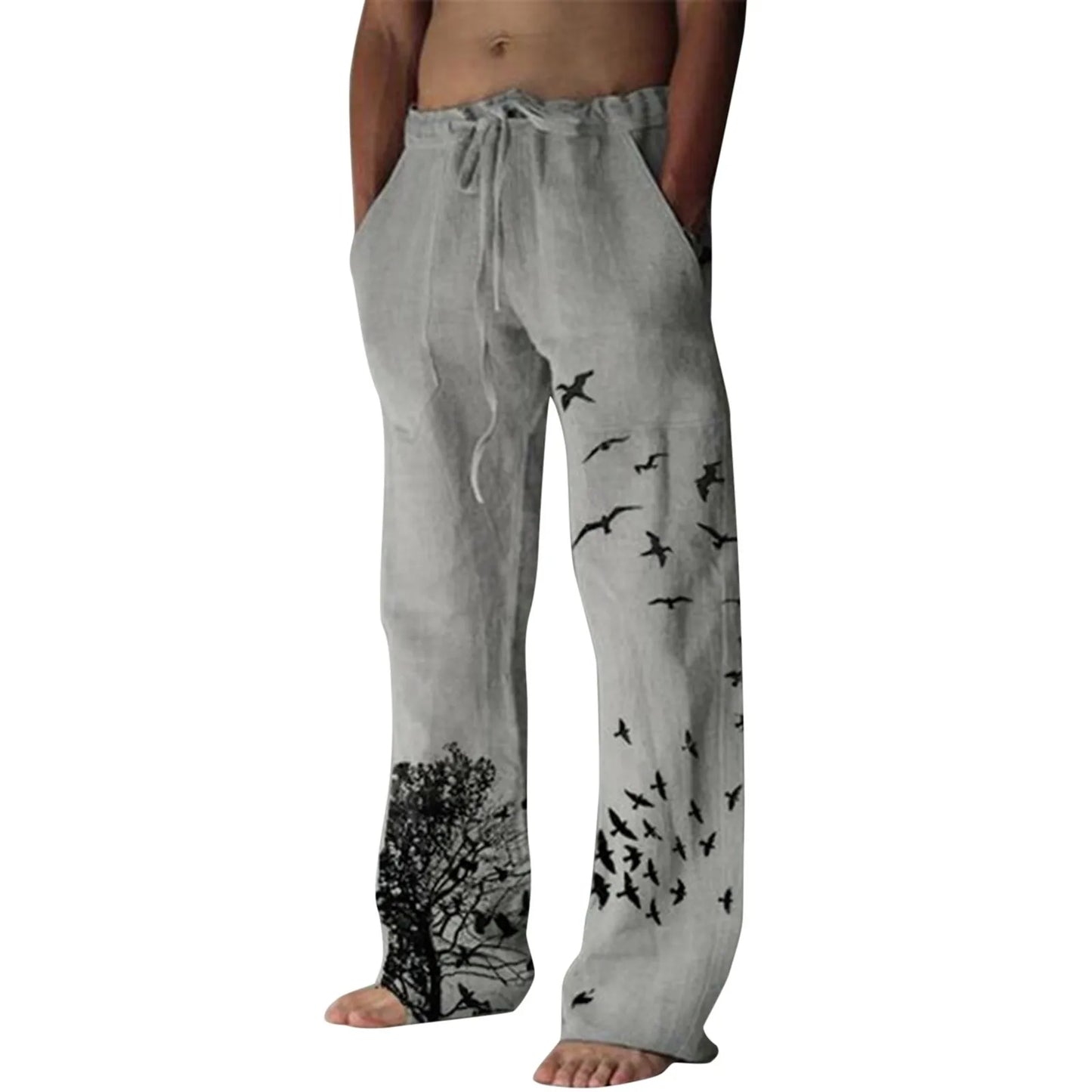 Men's Cotton Pants Summer New Breathable Tree&Bird Print Drawstring Linen Trousers Fitness Streetwear Male Daily Casual Pants