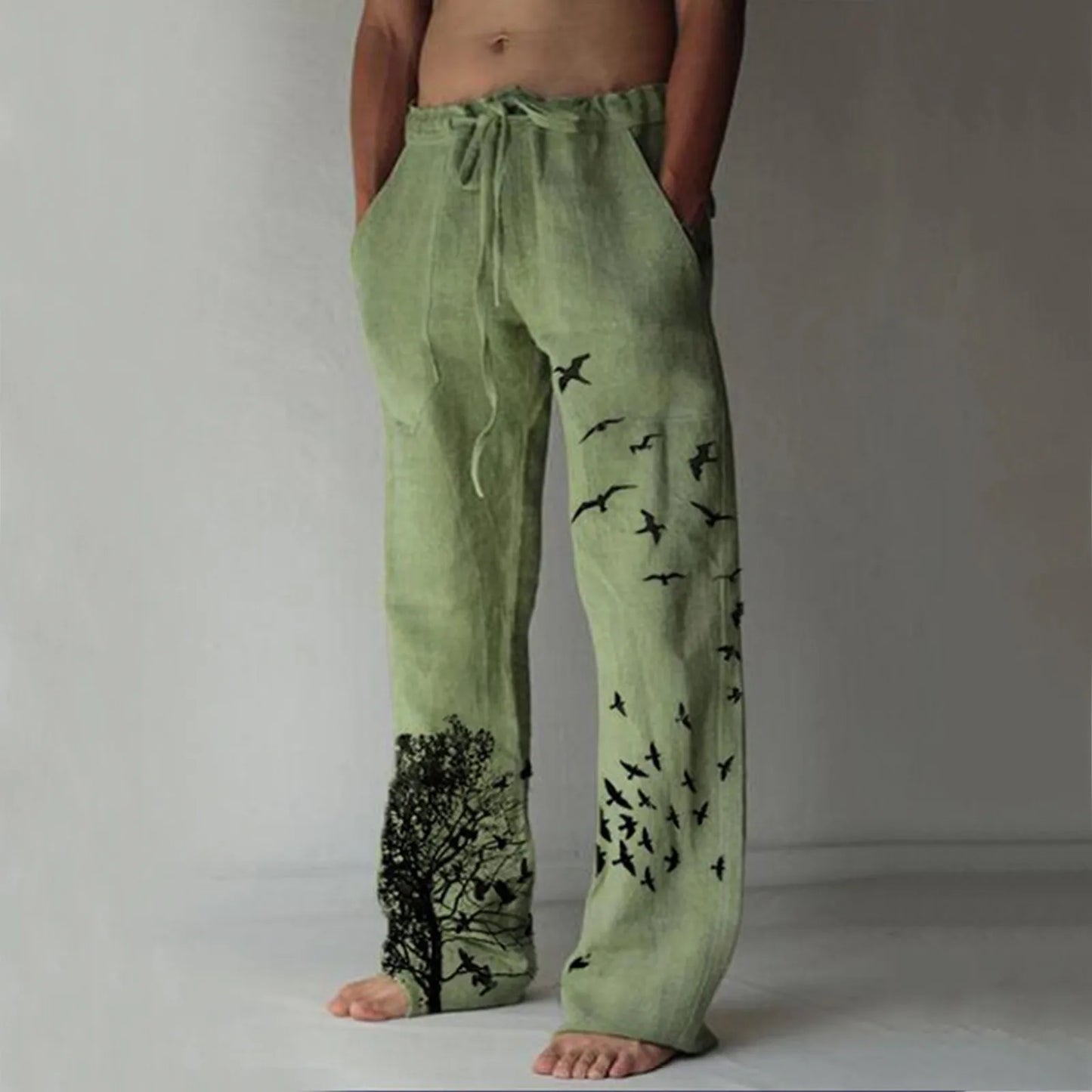 Men's Cotton Pants Summer New Breathable Tree&Bird Print Drawstring Linen Trousers Fitness Streetwear Male Daily Casual Pants