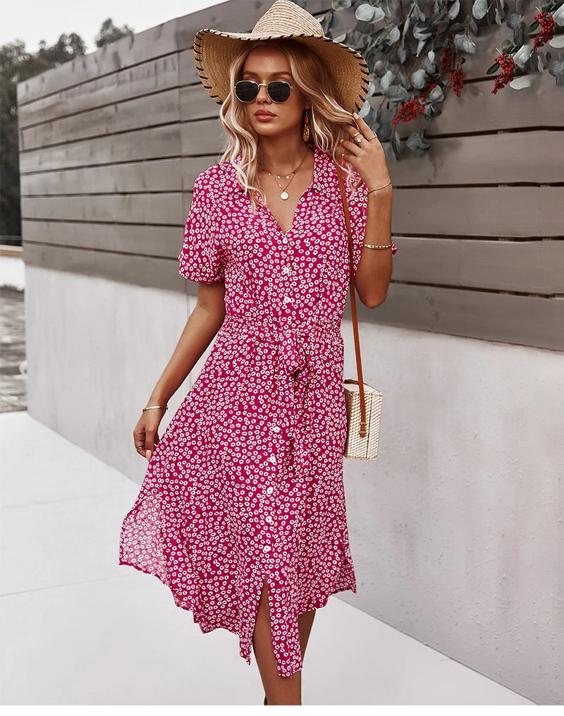 Summer Women Floral Print Dress Casual Short Sleeve Button Holiday Midi Dresses Female V-Neck Beach Boho Chic Dress Elegant Robe