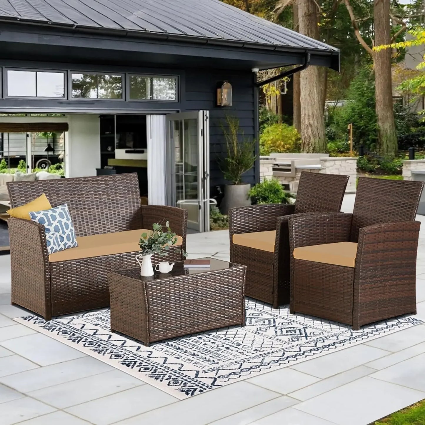 4 Piece Patio Furniture  Sets ,Rattan Sectional Sofa w/Coffee Table, for Backyard Garden Poolside