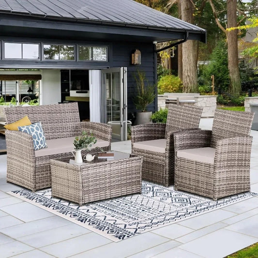 4 Piece Patio Furniture  Sets ,Rattan Sectional Sofa w/Coffee Table, for Backyard Garden Poolside