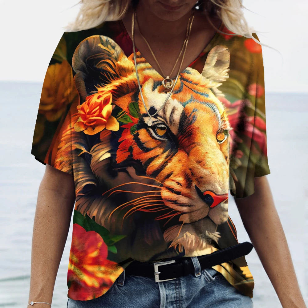 New Women'S T Shirt 3d Animal Print V-Neck Short Sleeve Tops Tees Streetwear Female Oversized Tshirt Fashion Woman Clothing 2023