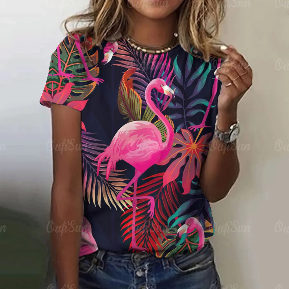 Women T-Shirts 3d Flamingo Print Fashion O-Neck Casual Ladies Casual Female Top Harajuku Girls Short Sleeve Loose Woman Clothing