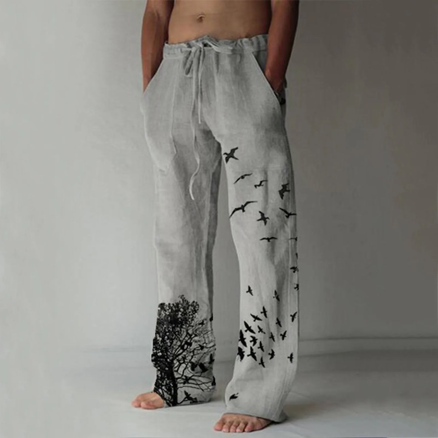 Men's Cotton Pants Summer New Breathable Tree&Bird Print Drawstring Linen Trousers Fitness Streetwear Male Daily Casual Pants