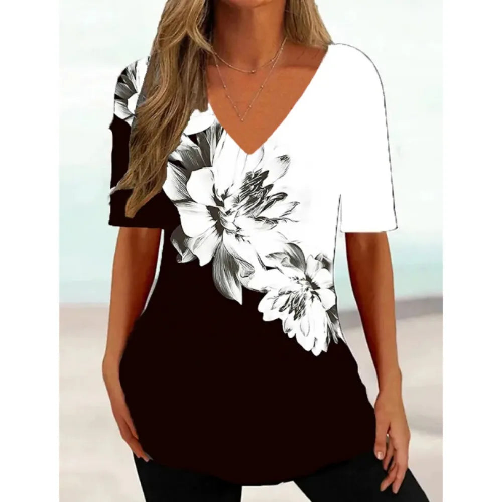 Fashion Women's V-neck T-shirt Harajuku Print Summer 3D T-shirt Floral Graphic Tee Loose Pullover Female Casual Top 5xl Clothing