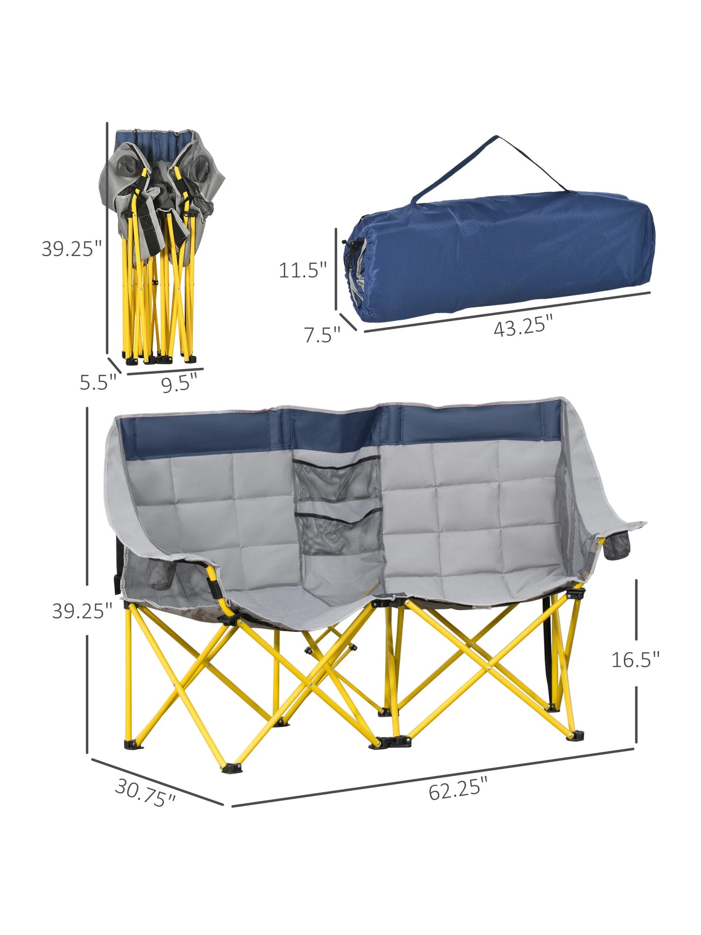 Loveseat Style Camping Chair, Oversized Folding Lawn Chair with Carry Bag & Cup Holders