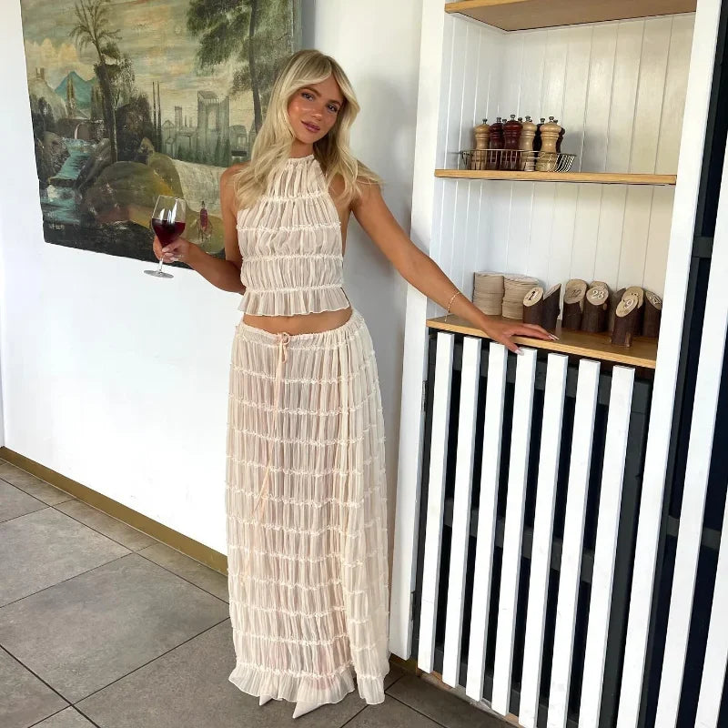 Sexy Halter Pleated Crop Tops Maxi Skirts Set Women Sleeveless Backless Skirt Suit Female 2024 Summer Ladies Beach Outfits