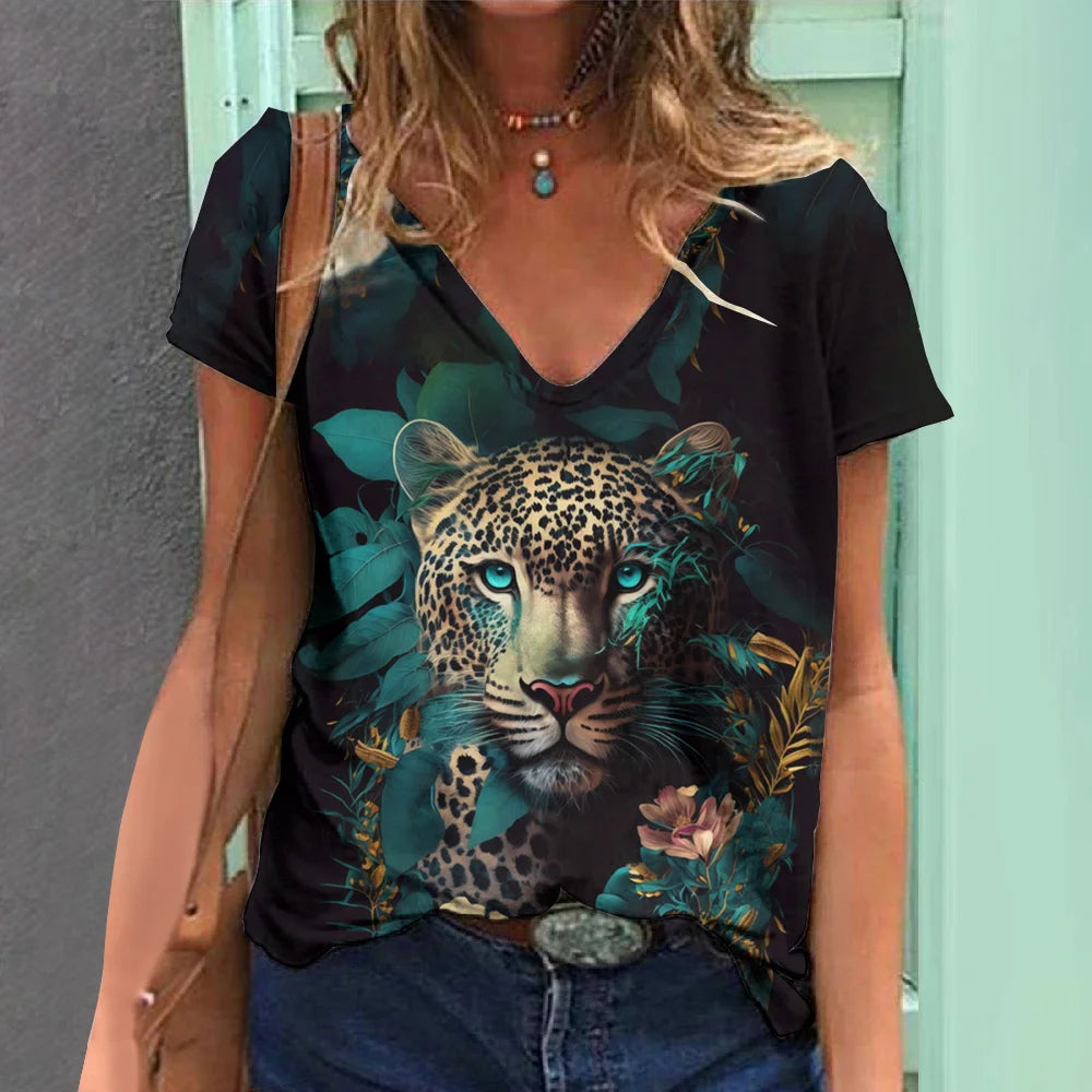 New Women'S T Shirt 3d Animal Print V-Neck Short Sleeve Tops Tees Streetwear Female Oversized Tshirt Fashion Woman Clothing 2023