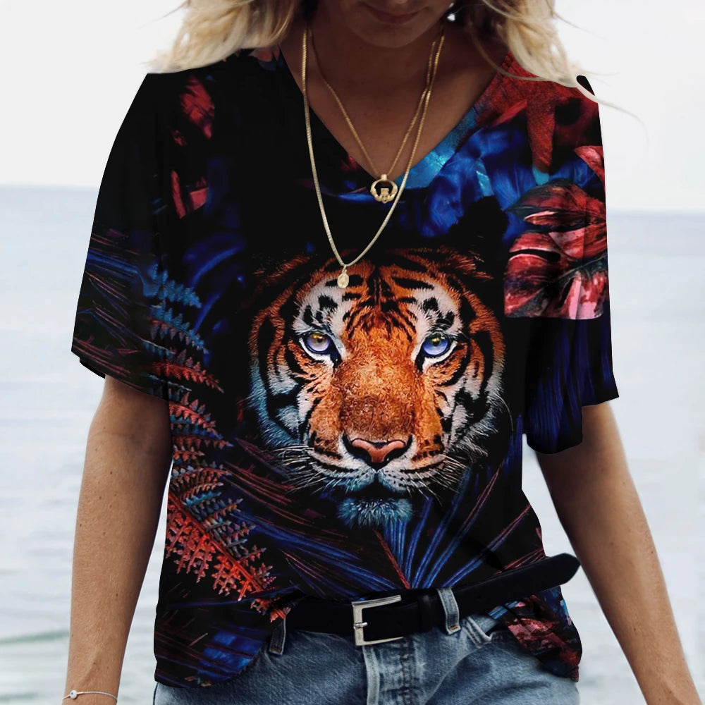 New Women'S T Shirt 3d Animal Print V-Neck Short Sleeve Tops Tees Streetwear Female Oversized Tshirt Fashion Woman Clothing 2023