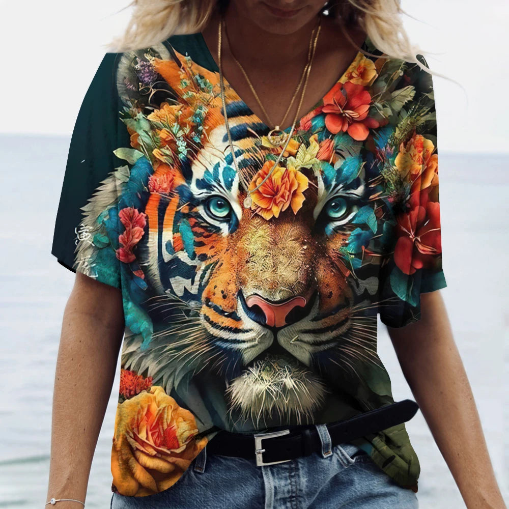 New Women'S T Shirt 3d Animal Print V-Neck Short Sleeve Tops Tees Streetwear Female Oversized Tshirt Fashion Woman Clothing 2023