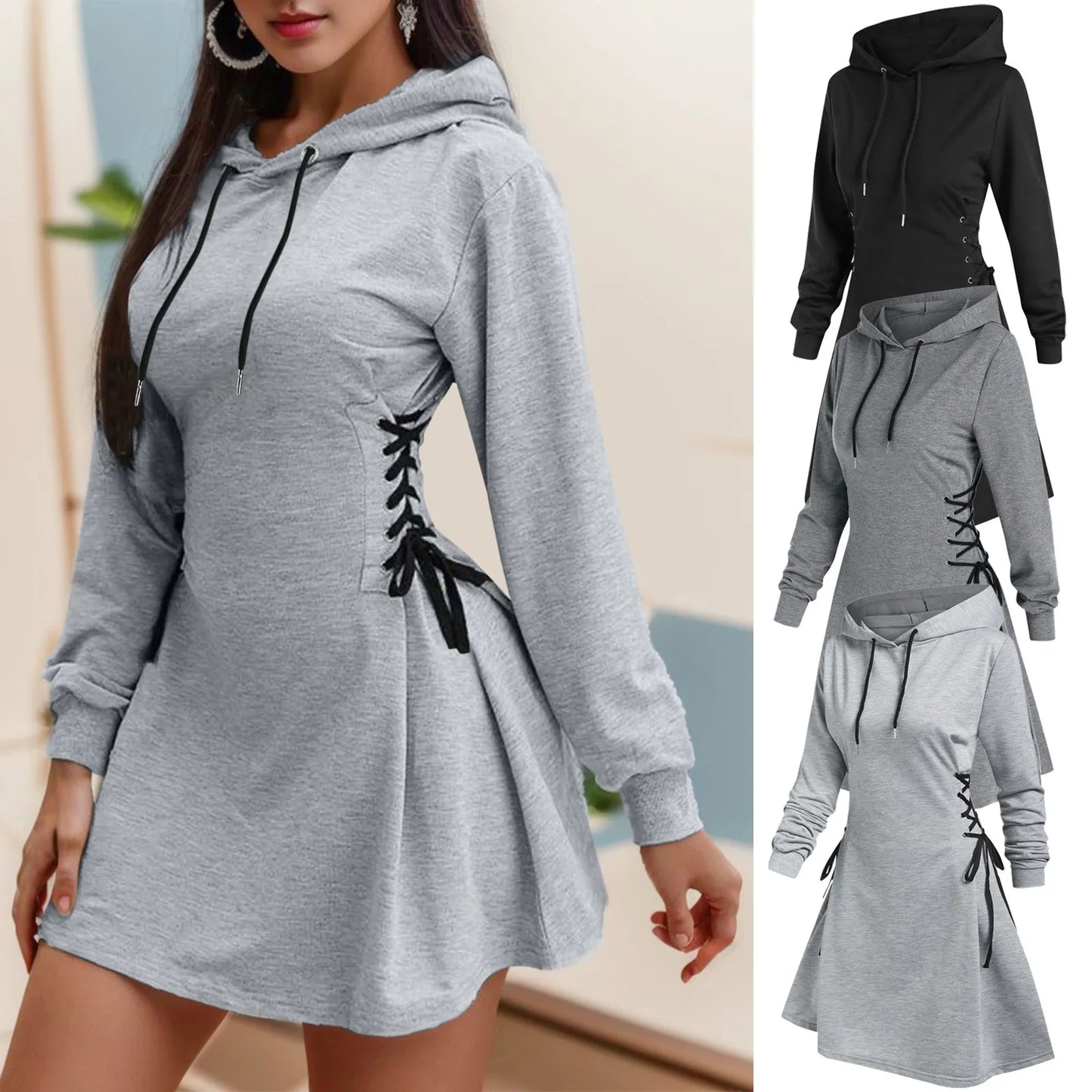 Women Tie Waist Mini Dress Hoodies V Neck Long Sleeves Slim Fit Hoodies Sweatshirts Ladies Fashion Long Solid Drawstring Hoodies