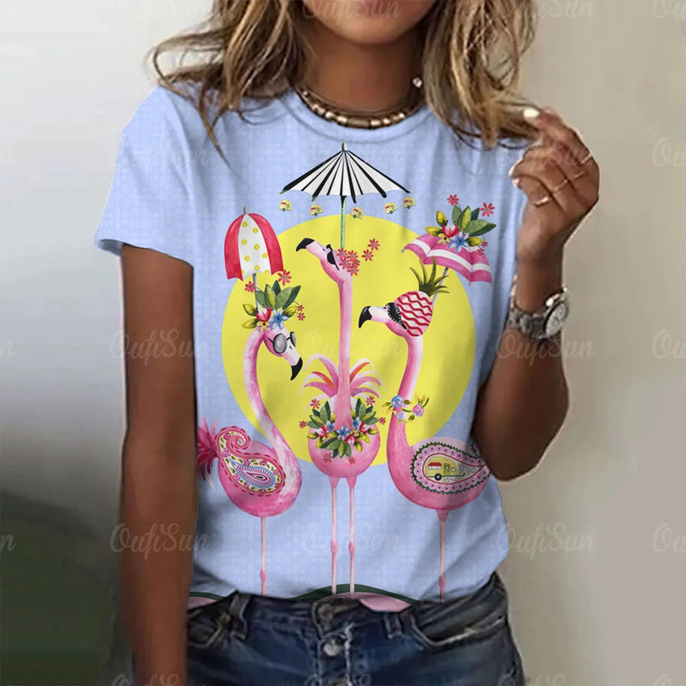 Women T-Shirts 3d Flamingo Print Fashion O-Neck Casual Ladies Casual Female Top Harajuku Girls Short Sleeve Loose Woman Clothing