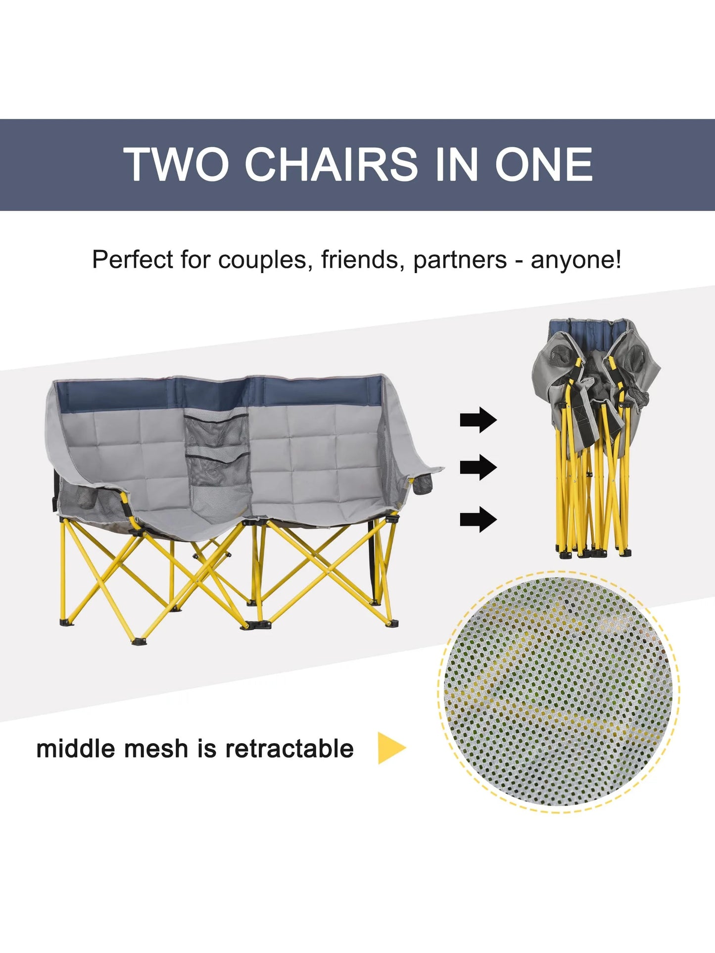 Loveseat Style Camping Chair, Oversized Folding Lawn Chair with Carry Bag & Cup Holders