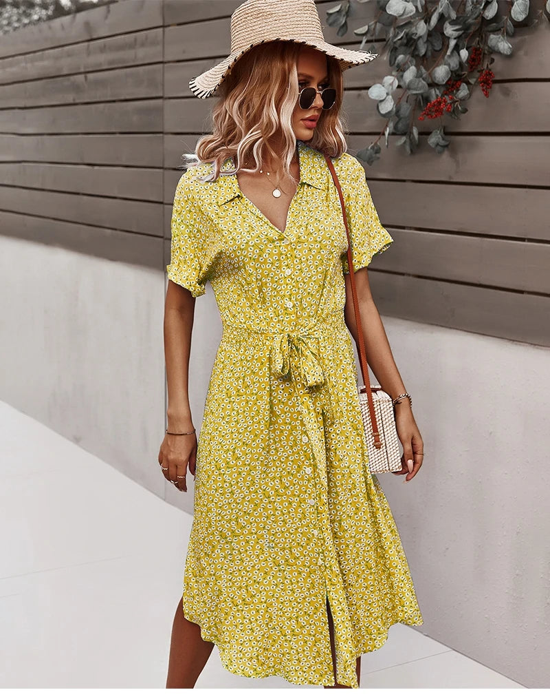 Summer Women Floral Print Dress Casual Short Sleeve Button Holiday Midi Dresses Female V-Neck Beach Boho Chic Dress Elegant Robe