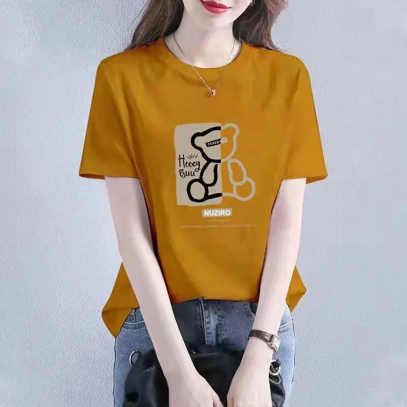 Summer Cotton Painting Bears T-shirt Women New O-collar Short Sleeve Loose Casual Letter High Quality Ventilate Lady Top