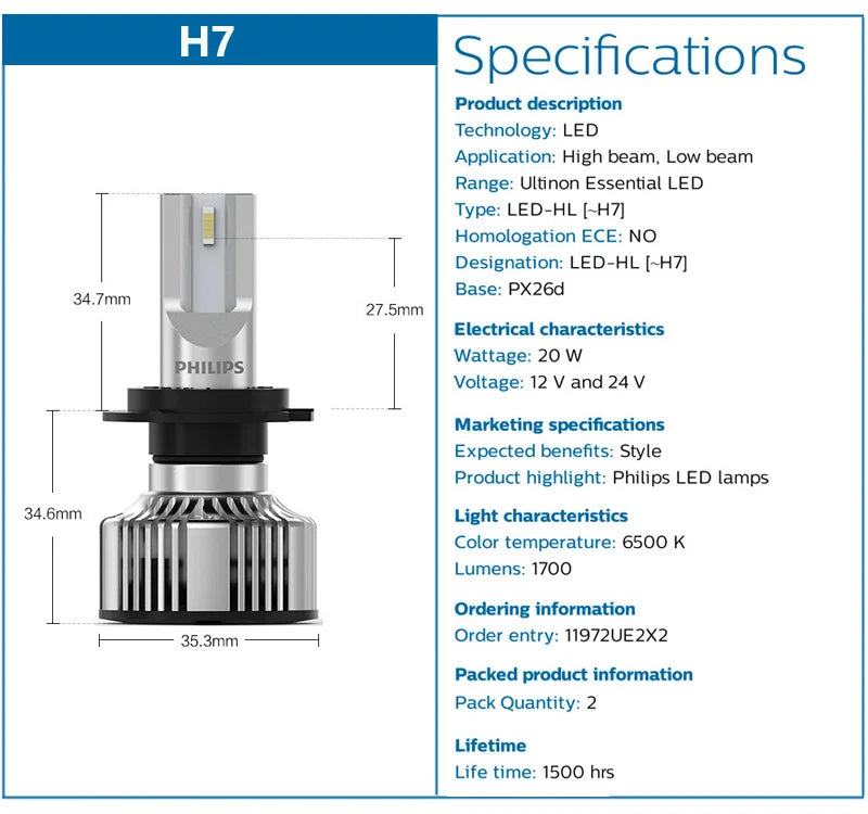 2PCS Philips Ultinon Essential G2 LED H1 H4 H7 H8 H11 H16 HB3 HB4 HIR2 6500K Bright White Auto Headlight LED Bulbs 12V 24V Lamps